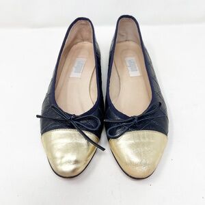 Magnin Shoes Size 8 B Flats Ballet Metallic Gold Black Quilted Leather Vintage